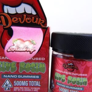 Discover DEVOUR Nano Live Rosin 500 MG, a premium live rosin cannabis product featuring product-specific cannabinoid and terpene characteristics. Check batch details.